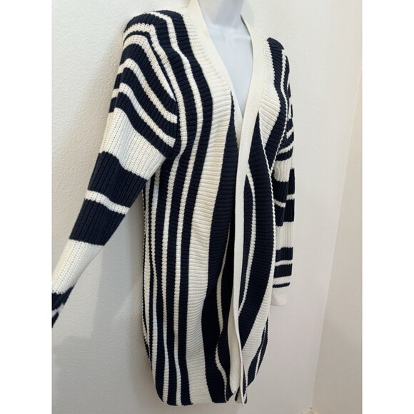 Roxy Cardigan Sweater Women's Navy Blue White Striped Classic M Long Line Cotton - Picture 2 of 9